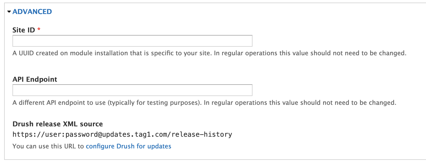 Advanced configuration settings form