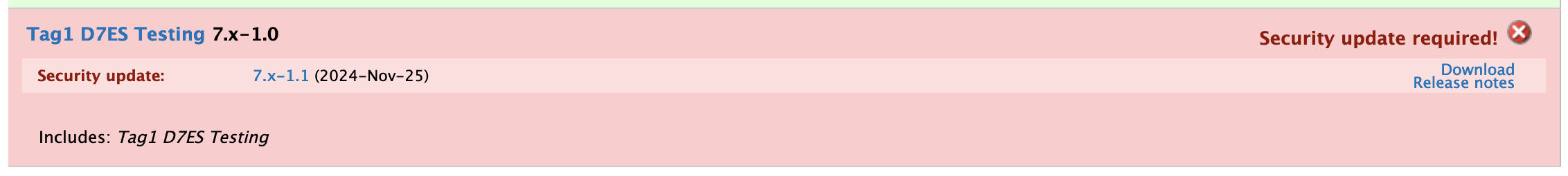 Drupal status report showing a security update for tag1_d7es_testing